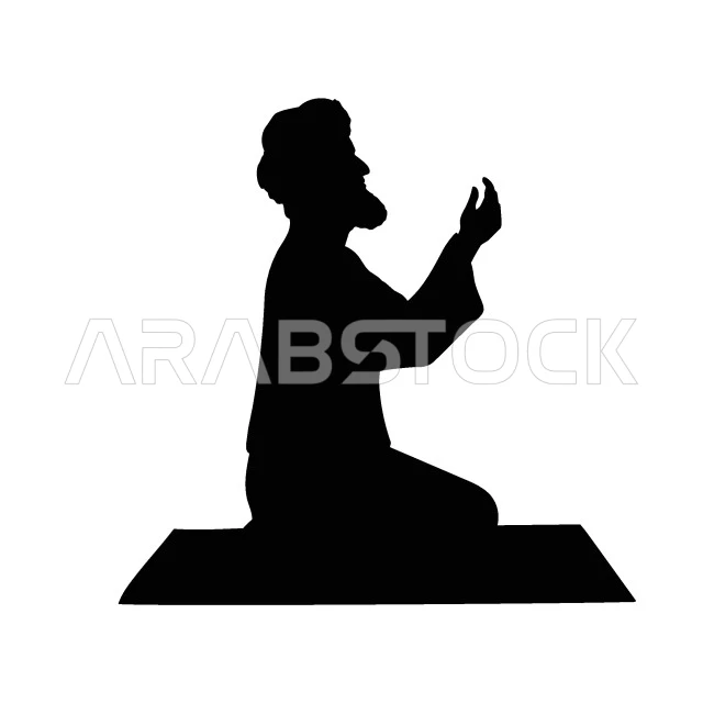 الالتزام بالعبادات والفرائض الدينية, مفهوم التقرب من الله تعالى, رسوم لشخصية مسلمة باللون الأسود, صورة من الجانب لرجل عربي خليجي سعودي يقوم بأداء الصلاة ويرفع يديه للتضرع والتوسل الى الله بالدعاء, خلفية بيضاء, فيكتور اليستريتور