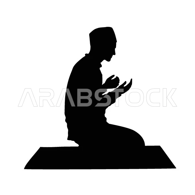 Commitment to religious rituals and duties, the concept of getting closer to God Almighty, drawings of a Muslim character in black, a side view of a Saudi Arabian Gulf man performing prayer and raising his hands to supplicate and beseech God with supplication, white background, vector illustrator