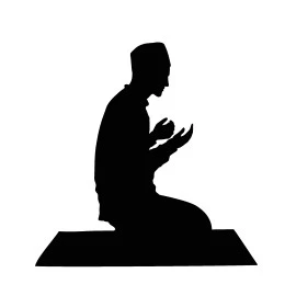 Commitment to religious rituals and duties, the concept of getting closer to God Almighty, drawings of a Muslim character in black, a side view of a Saudi Arabian Gulf man performing prayer and raising his hands to supplicate and beseech God with supplication, white background, vector illustrator