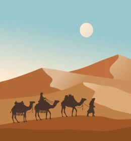 Care and maintenance of mammals in desert areas, illustration of a caravan of camels walking over the soft golden sands of the desert, camel breeding in nature reserves in Saudi Arabia, vector illustrator