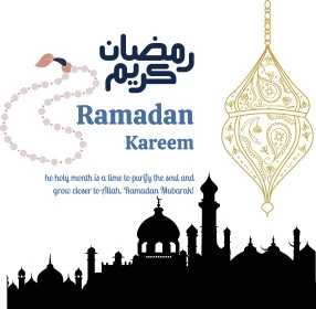 Ramadan Kareem, texts and phrases in Arabic and English, authentic Arabic calligraphy arts, cards and design templates to congratulate the arrival of the month of goodness, congratulations and greetings on Islamic religious occasions, mosque minarets with Ramadan decorations and ornaments, white background, vector illustrator