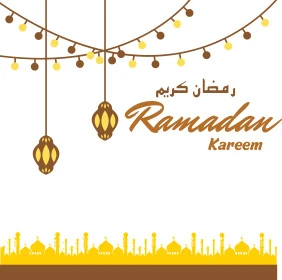 رمضان كريم، نصوص و عبارات باللغة العربية والانجليزية، فنون الخط العربي الأصيل، بطاقات و قوالب تصميم للتهنئة بقدوم شهر الخير، التبريكات و التهاني بالمناسبات الدينية الإسلامية، مآذن مساجد مع زخرفات وزينة رمضانية، خلفية بيضاء, فيكتور اليستريتور