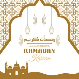 رمضان كريم، نصوص و عبارات باللغة العربية والانجليزية، فنون الخط العربي الأصيل، بطاقات و قوالب تصميم للتهنئة بقدوم شهر الخير، التبريكات و التهاني بالمناسبات الدينية الإسلامية، مآذن مساجد مع زخرفات وزينة رمضانية، خلفية بيضاء, فيكتور اليستريتور