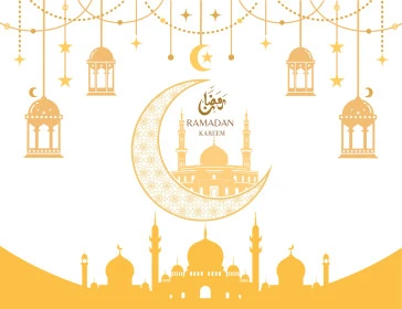 رمضان كريم، نصوص و عبارات باللغة العربية والانجليزية، فنون الخط العربي الأصيل، بطاقات و قوالب تصميم للتهنئة بقدوم شهر الخير، التبريكات و التهاني بالمناسبات الدينية الإسلامية، مآذن مساجد مع زخرفات وزينة رمضانية، خلفية بيضاء, فيكتور اليستريتور