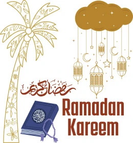 Ramadan Kareem, texts and phrases in Arabic and English, authentic Arabic calligraphy arts, cards and design templates to congratulate the arrival of the month of goodness, congratulations and greetings on Islamic religious occasions, palm tree with the Qur’an, lanterns and Ramadan decorations, white background, vector illustrator