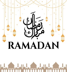 Ramadan Mubarak, texts and phrases in Arabic and English, authentic Arabic calligraphy arts, cards and design templates to congratulate the arrival of the month of goodness, congratulations and greetings on Islamic religious occasions, mosque minarets with Ramadan decorations and ornaments, white background, vector illustrator