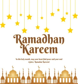 Ramadan Kareem, English texts and phrases, greeting cards and design templates for the arrival of the month of goodness, congratulations and greetings on Islamic religious occasions, mosque minarets with Ramadan decorations and ornaments, white background, Illustrator vector