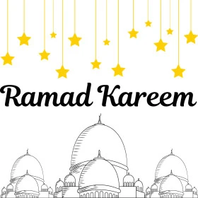 رمضان كريم، نصوص و عبارات باللغة الانجليزية، بطاقات و قوالب تصميم للتهنئة بقدوم شهر الخير، التبريكات و التهاني بالمناسبات الدينية الإسلامية، مآذن مساجد مع زخرفات وزينة رمضانية، خلفية بيضاء, فيكتور اليستريتور