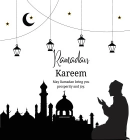 رمضان كريم، نصوص و عبارات باللغة الانجليزية، بطاقات و قوالب تصميم للتهنئة بقدوم شهر الخير، التبريكات و التهاني بالمناسبات الدينية الإسلامية، رسم وتضيحي لرجل يقوم بالدعاء والتضرع الى الله، مآذن مسجد مع فوانيس وزينة رمضانية، خلفية بيضاء, فيكتور اليستريتور