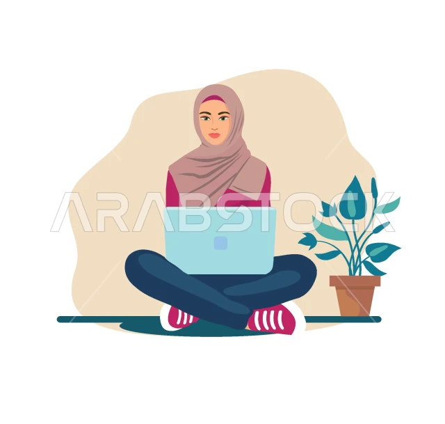 Getting work done, illustration of a young Saudi Arabian Gulf woman wearing hijab sitting on the floor working on laptop, browsing social media, using modern technologies and devices, white background, vector illustrator