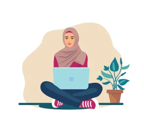 إنجاز مهام العمل، رسوم توضيحية لشابة عربية خليجية سعودية محجبة تجلس على الأرض تعمل على جهاز اللابتوب المحمول، تصفح مواقع التواصل الاجتماعي، استخدام التقنيات والأجهزة الحديثة، خلفية بيضاء، فيكتور اليستريتور