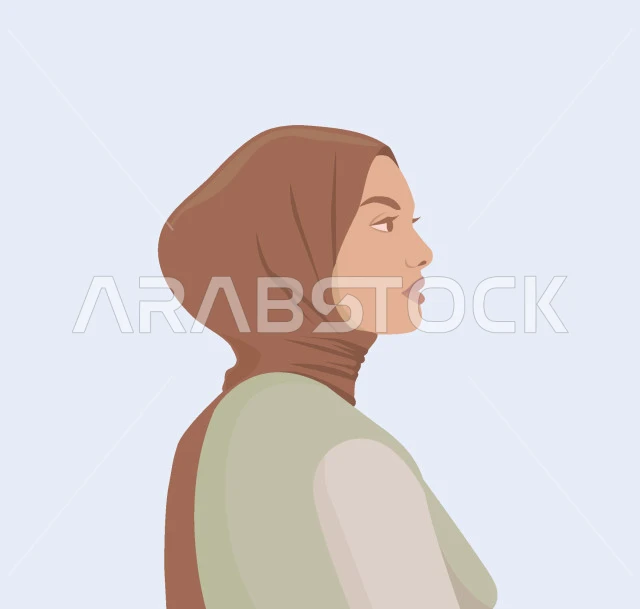 الاهتمام بالأناقة والمظهر الخارجي، رسوم توضيحية من الجانب لشابة عربية خليجية سعودية محجبة تنظر الى شيء ما، أزياء محجبات عصرية، خلفية بيضاء، فيكتور اليستريتور