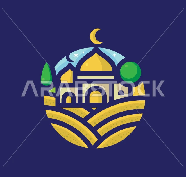 الاستعداد لقدوم شهر رمضان المبارك، مفهوم العبادة والتقرب الى الله تعالى، رسوم توضيحية لمسجد بألوان متنوعة، تصاميم دينية للمناسبات الاسلامية, خلفية زرقاء، فيكتور اليستريتور 