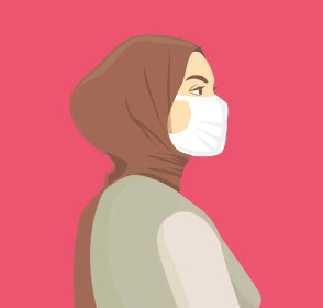 الاحترازات الوقائية من فايروس كورونا ،صورة مقربة من الجانب لامرأة عربية خليجية سعودية محجبة ترتدي الكمامة الوقائية وتنظر الى شيء ما, الحفاظ على السلامة و تجنب انتشار العدوى من كوفيد 19 ،خلفية حمراء, فيكتور اليستريتور