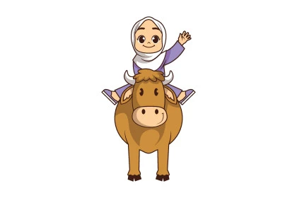 رسوم توضيحية ثلاثية الابعاد لفتاة محجبة تجلس على بقرة ترفع يدها للاعلى بإيماءات التلويح تنظر الى الكاميرا بإيماءات السرور والفرح، الاحتفال بالأعياد و المناسبات الدينية الاسلامية, خلفية بيضاء، فيكتور اليستريتور