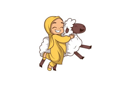 رسوم توضيحية ثلاثية الابعاد لفتاة محجبة تقف بجانب النعجة تعانقها بإيماءات السرور والفرح، الاحتفال بالأعياد و المناسبات الدينية الاسلامية, خلفية بيضاء، فيكتور اليستريتور