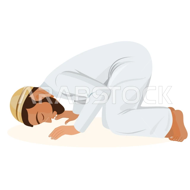 التقرب من الله تعالى بأداء الفرائض والتزام أوامره, رجل عربي خليجي سعودي يرتدي القبعه والثوب التقليدي يسجد لله تعالى, أهمية الالتزام بالصلاة على وقتها, مفهوم أركان الإسلام, خلفية بيضاء, فيكتور اليستريتور