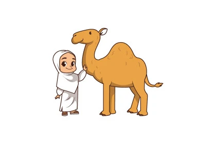 3D illustration of a veiled girl standing next to a camel looking at the camera with gestures of pleasure and joy, celebrating Islamic holidays and religious occasions, white background, vector illustrator