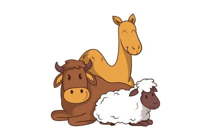 الاحتفال بالأعياد و المناسبات الدينية الاسلامية, رسوم توضيحية ثلاثية الابعاد لبقرة وخروف وجمل، قربان وأضحية عيد الاضحى المبارك، خلفية بيضاء، فيكتور اليستريتور