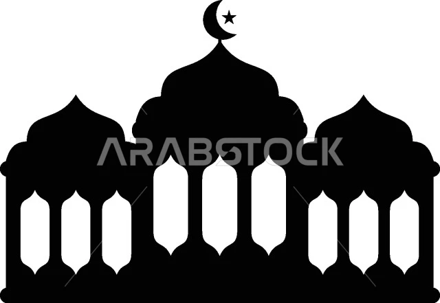 رسومات و ديكورات اسلامية رمضانية, التصاميم المتميزة لقبب ومآذن المساجد باللون الاسود على خلفية بيضاء, مفهوم العبادة و التقرب الى الله، نداء المسلمين لأداء الصلاة, خلفية بيضاء, فيكتور اليستريتور