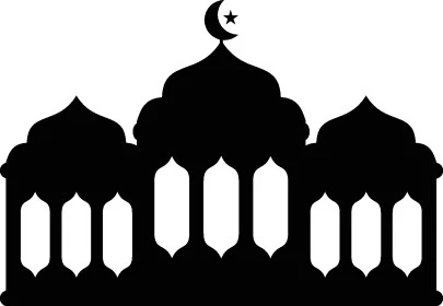 Islamic Ramadan drawings and decorations, distinctive designs of mosque domes and minarets in black on a white background, the concept of worship and drawing closer to God, the call of Muslims to perform prayer, white background, vector illustrator