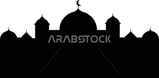 Distinctive designs of mosque domes and minarets in black on a white background, the concept of worship and getting closer to God, the call of Muslims to perform prayer, Islamic Ramadan drawings and decorations, white background, Illustrator vector