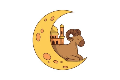 الاحتفال بالأعياد و المناسبات الدينية الاسلامية, رسوم توضيحية ثلاثية الابعاد لخروف مع هلال ومآذن المسجد، قربان وأضحية عيد الاضحى المبارك، خلفية بيضاء، فيكتور اليستريتور