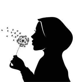 Flower love concept, close up silhouette of veiled Saudi Arabian Gulf lady blowing on dandelion flower, passion for caring for plants and crops, white background, vector illustrator
