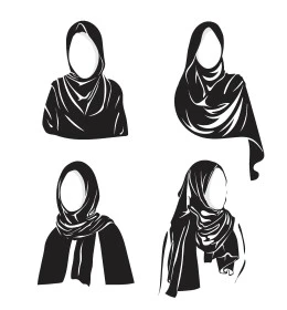 تصاميم ظلية متنوعة لامرأة عربية خليجية محجبة باللون الأسود، ايقونات اللباس العربي التقليدي، أزياء محجبات عصرية، خلفية بيضاء، فيكتور اليستريتور