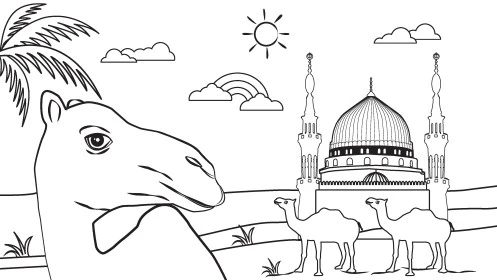 The concept of livestock and mammal care, distinctive drawings of the camel in the desert areas of the Kingdom of Saudi Arabia, interest in raising camels and purebred camels in the deserts, background of mosques in the desert, vector illustrator