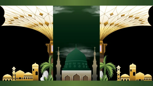 المعالم المشهورة الدينية المقدسة في المملكة العربية السعودية، رسوم وتصاميم توضيحية للمسجد النبوي الشريف في المدينة المنورة مع زخارف للمظلات الالكترونية, مفهوم العبادة والتقرب الى الله, مقصد المسلمين من شتى أنحاء العالم, خلفية سوداء, فيكتور اليستريتور