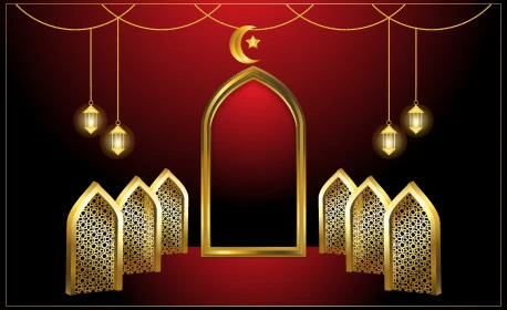 قوالب وتصاميم اسلامية باللون الذهبي، الهلال مع الفوانيس المعلقة المضيئة، نقوش وزخارف متنوعة، المناسبات والأعياد الدينية، خلفية حمراء، فيكتور اليستريتور