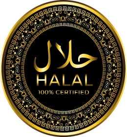 مخطوطة حلال باللون الأصفر باللغة العربية والانكليزية، ملصقات الطعام التقليدية الاسلامية، ايقونات وزخارف نباتية متنوعة، خلفية بيضاء، فيكتور اليستريتور