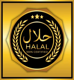 مخطوطة حلال باللون الأصفر باللغة العربية والانكليزية، ملصقات الطعام التقليدية الاسلامية، ايقونات وزخارف واطارات متنوعة، خلفية صفراء، فيكتور اليستريتور
