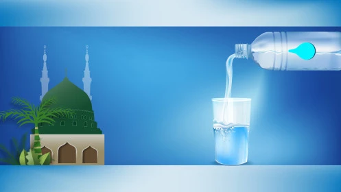 رسوم توضيحية لقارورة تسكب ماء زمزم في كوب, سقيا الماء للحجاج و المعتمرين, موسم الحج والعمرة في المملكة العربية السعودية, قبة المسجد النبوي الشريف على خلفية زرقاء, مفهوم العبادة والتقرب الى الله تعالى, فيكتور اليستريتور