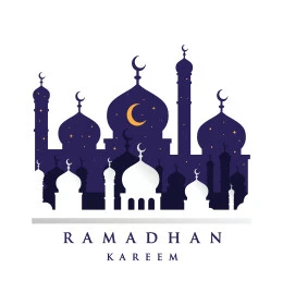 المناسبات والأعياد الدينية الإسلامية، مخطوطة رمضان كريم باللغة الانكليزية، رسوم توضيحيه ثلاثية الأبعاد للمساجد الدينية باللون الأزرق، البهجة بقدوم شهر الخير، خلفية بيضاء، فيكتور الستريتور