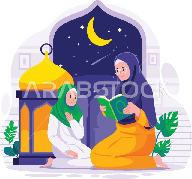 مفهوم العبادة والتقرب الى الله، رسوم توضيحية لسيدة عربية خليجية محجبة تعلم ابنتها قراءة القرآن الكريم، مجسم لفانوس تقليدي مضيء، تلاوة المصحف الشريف، خلفية بيضاء، فيكتور اليستريتور