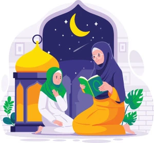 مفهوم العبادة والتقرب الى الله، رسوم توضيحية لسيدة عربية خليجية محجبة تعلم ابنتها قراءة القرآن الكريم، مجسم لفانوس تقليدي مضيء، تلاوة المصحف الشريف، خلفية بيضاء، فيكتور اليستريتور