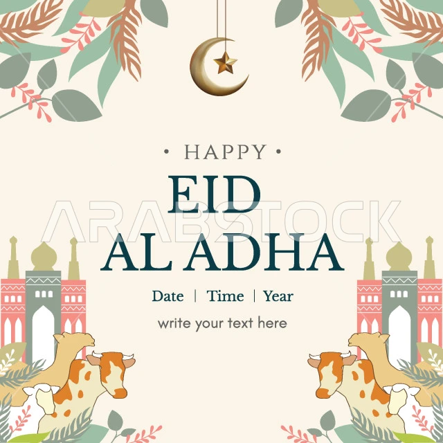 Eid al-Adha Mubarak, Islamic greeting template, illustration of sacrificial animals with an Islamic mosque, English calligraphy, Eid greeting card, Illustrator vector