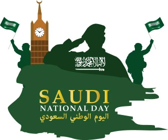 Saudi National Day manuscript, Flag Day March 11, patriotic phrase in Arabic, National Day September 23, graphics and events for the Kingdom of Saudi Arabia, white background, Illustrator vector