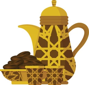 دلة قهوة معدنية باللون الذهبي بجانب طبق التمر، مفهوم الكرم وحسن الاستقبال، الضيافة العربيه السعودية، العادات والتقاليد التراثية، محصول زراعي محلي وطني، خلفية بيضاء، فيكتور اليستريتور