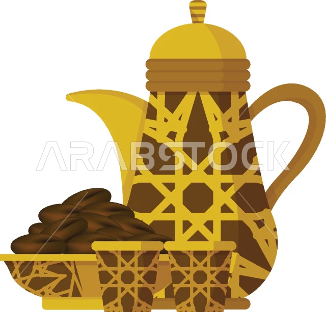 دلة قهوة معدنية باللون الذهبي بجانب طبق التمر، مفهوم الكرم وحسن الاستقبال، الضيافة العربيه السعودية، العادات والتقاليد التراثية، محصول زراعي محلي وطني، خلفية بيضاء، فيكتور اليستريتور