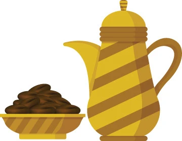 Golden metal coffee pot next to a plate of dates, concept of generosity and hospitality, Saudi Arabian hospitality, traditional customs and heritage, local national agricultural crop, white background, vector illustrator