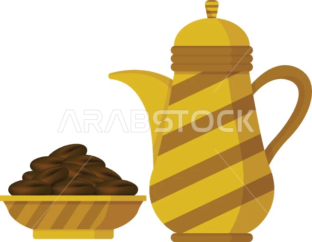 دلة قهوة معدنية باللون الذهبي بجانب طبق التمر، مفهوم الكرم وحسن الاستقبال، الضيافة العربيه السعودية، العادات والتقاليد التراثية، محصول زراعي محلي وطني، خلفية بيضاء، فيكتور اليستريتور