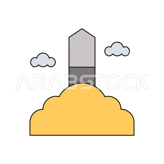 رسم توضيحي لجبل عرفة، دليل الحج المبرور, الخطوات المتبعة لأداء مناسك الحج, قدوم المسلمين من شتى أنحاء العالم لأداء الفرائض والعبادات, أماكن دينية مقدسة، خلفية بيضاء، فيكتور اليستريتور