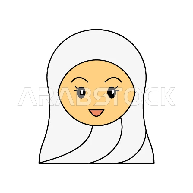 رسم توضيحي لوجه حاجة محجبة، دليل الحج المبرور, الخطوات المتبعة لأداء مناسك الحج, قدوم المسلمين من شتى أنحاء العالم لأداء الفرائض والعبادات, أماكن دينية مقدسة، خلفية بيضاء، فيكتور اليستريتور