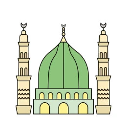 مفهوم العبادة و التقرب الى الله تعالى, رسم ثلاثية الابعاد للقبة الخضراء ومآذن المسجد النبوي الشريف في المدينة المنورة, أداء فريضة الحج, معالم دينية اسلامية مقدسة في المملكة العربية السعودية، خلفية بيضاء, فيكتور اليستريتور