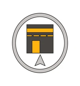 Icon showing the direction of Qibla, the direction of prayer towards the Kaaba, religious and semantic guidance poster, white background, vector illustrator