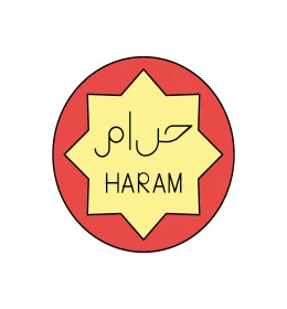 Star icon with the word "haram" in Arabic and English, Islamic restaurant and food labels, ready-made icons and templates, white background, Illustrator vector