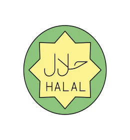 ايقونة نجمة تحوي كلمة حلال باللغة العربية والانجليزية, ملصقات للمطاعم والاطعمة الاسلامية, ايقونات وقوالب جاهزة, خلفية بيضاء، فيكتور اليستريتور